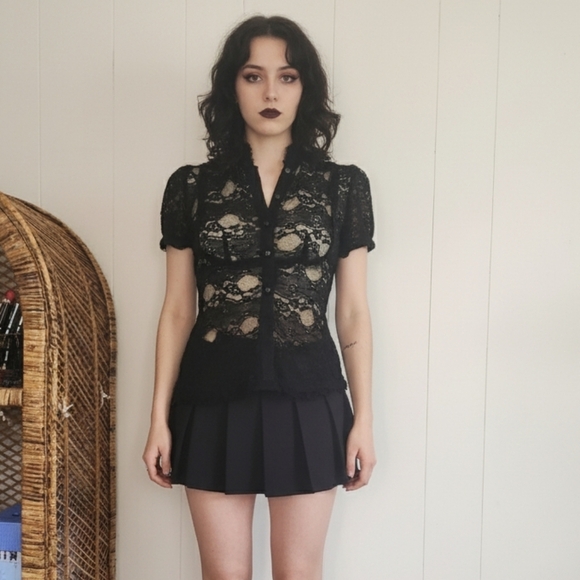 Vintage Tops - Y2K Whimsigoth Black Sheer Lace Top Blouse Shirt Vintage Size Small Goth Grunge